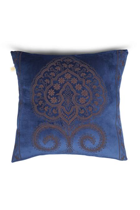 Khaabka_Blue Velvet Dori, Floral, Spade Falak Embroidered Cushion Covers - 2 Pcs_Online_at_Aza_Fashions