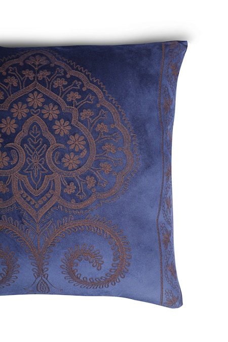 Buy_Khaabka_Blue Velvet Dori, Floral, Spade Falak Embroidered Cushion Covers - 2 Pcs_Online_at_Aza_Fashions