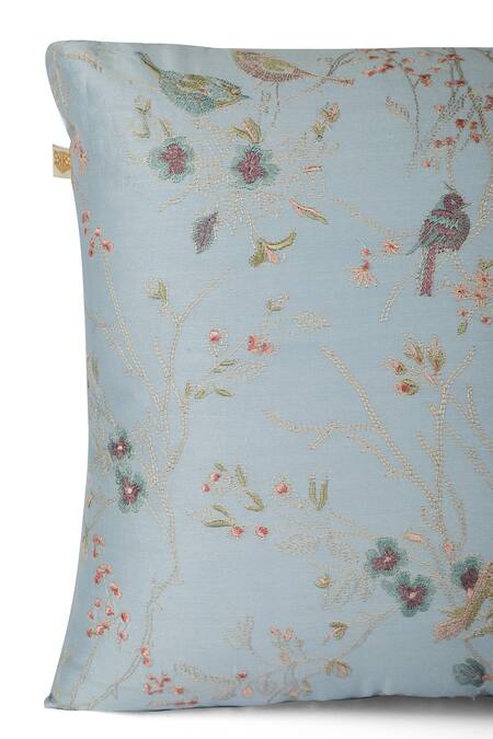Khaabka_Blue Chanderi Silk Thread Falak Flora And Fauna Embroidered Cushion Covers - 2 Pcs_Online_at_Aza_Fashions