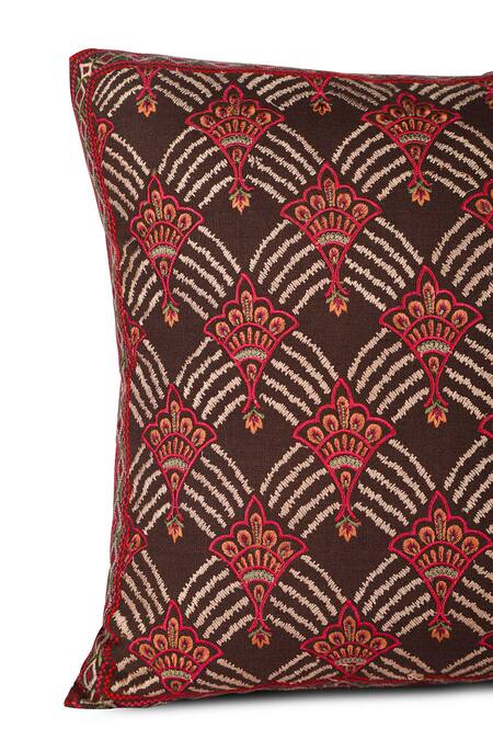 Khaabka_Brown Cotton Linen Floral, Falak Nocturnal Embroidered Cushion Covers - 2 Pcs_Online_at_Aza_Fashions