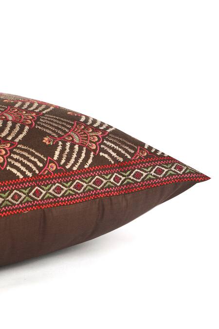 Shop_Khaabka_Brown Cotton Linen Floral, Falak Nocturnal Embroidered Cushion Covers - 2 Pcs_Online_at_Aza_Fashions