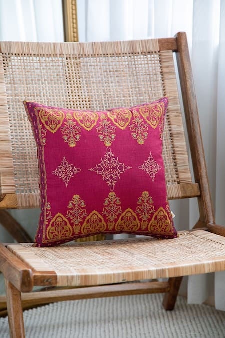 Khaabka Maroon Cotton Linen Floral Gul Ornamental Embroidered Cushion Covers - 2 Pcs