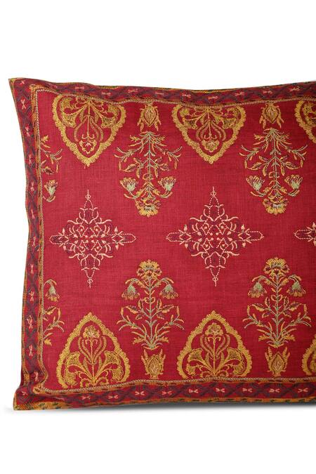 Khaabka_Maroon Cotton Linen Floral, Gul Ornamental Embroidered Cushion Covers - 2 Pcs_Online_at_Aza_Fashions
