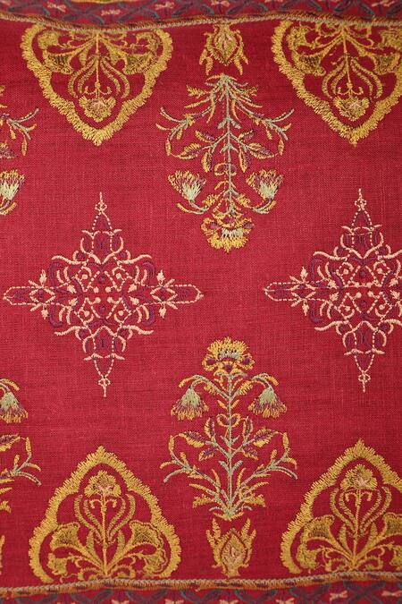 Buy_Khaabka_Maroon Cotton Linen Floral, Gul Ornamental Embroidered Cushion Covers - 2 Pcs_Online_at_Aza_Fashions