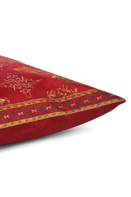 Shop_Khaabka_Maroon Cotton Linen Floral, Gul Ornamental Embroidered Cushion Covers - 2 Pcs_Online_at_Aza_Fashions