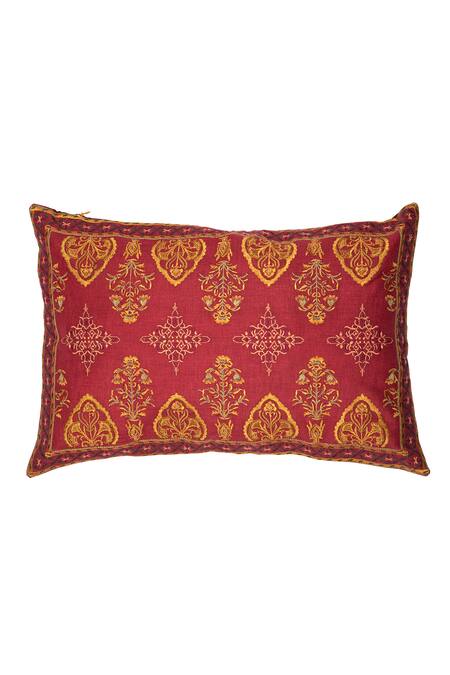 Shop Khaabka Maroon Cotton Linen Floral, Gul Ornamental Embroidered Cushion Covers - 2 Pcs at Aza Fashions Shop_Khaabka_Maroon Cotton Linen Floral, Gul Ornamental Embroidered Cushion Covers - 2 Pcs_at_Aza_Fashions
