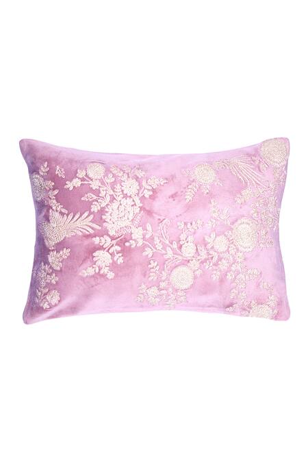 Shop Khaabka Pink Velvet Bird, Dori, Floral Gul Embroidered Cushion Covers - 2 Pcs at Aza Fashions Shop_Khaabka_Pink Velvet Bird, Dori, Floral Gul Embroidered Cushion Covers - 2 Pcs_at_Aza_Fashions