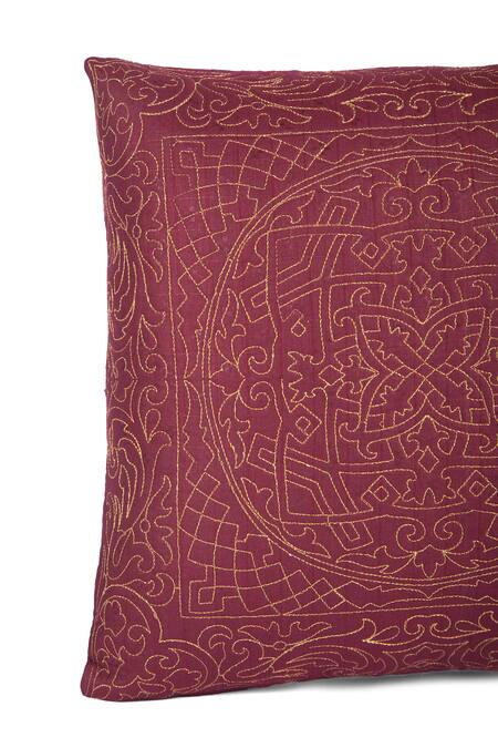 Khaabka_Wine Chanderi Silk Geometric, Zari Gul Embroidered Cushion Covers - 2 Pcs_Online_at_Aza_Fashions
