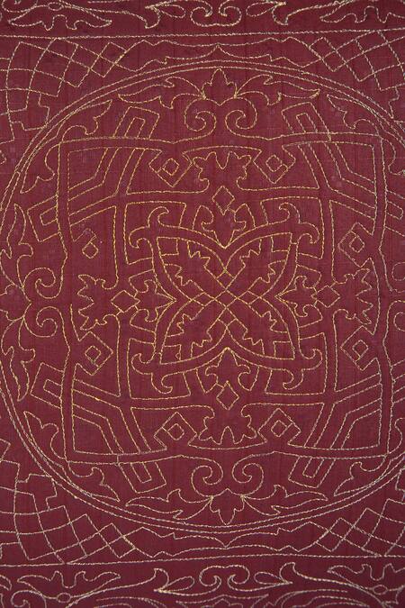 Buy_Khaabka_Wine Chanderi Silk Geometric, Zari Gul Embroidered Cushion Covers - 2 Pcs_Online_at_Aza_Fashions
