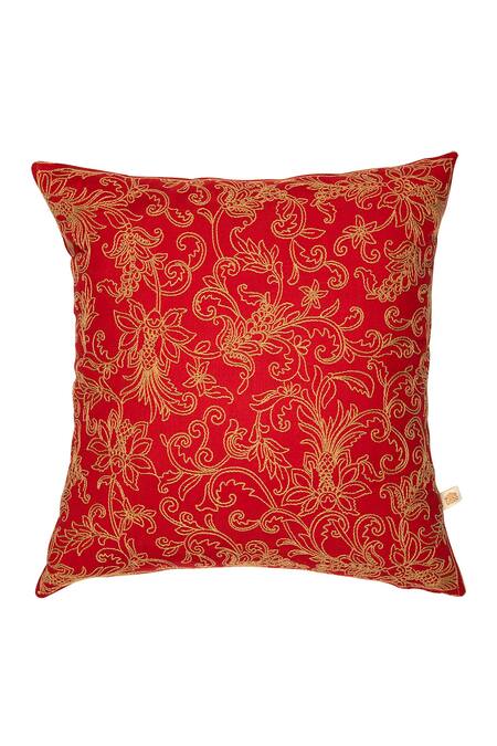 Shop Khaabka Red Cotton Linen Dori, Floral, Jaal Gul And Embroidered Cushion Covers - 2 Pcs at Aza Fashions Shop_Khaabka_Red Cotton Linen Dori, Floral, Jaal Gul And Embroidered Cushion Covers - 2 Pcs_at_Aza_Fashions