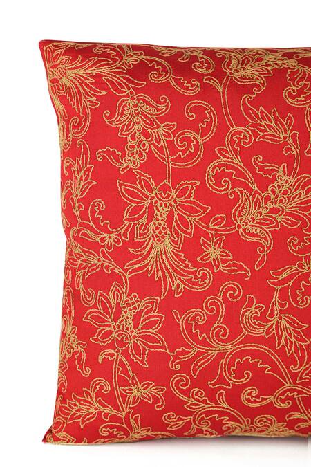 Khaabka Red Cotton Linen Dori, Floral, Jaal Gul And Embroidered Cushion Covers - 2 Pcs Online at Aza Fashions Khaabka_Red Cotton Linen Dori, Floral, Jaal Gul And Embroidered Cushion Covers - 2 Pcs_Online_at_Aza_Fashions