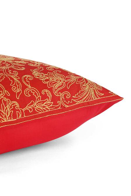 Shop Khaabka Red Cotton Linen Dori, Floral, Jaal Gul And Embroidered Cushion Covers - 2 Pcs Online at Aza Fashions Shop_Khaabka_Red Cotton Linen Dori, Floral, Jaal Gul And Embroidered Cushion Covers - 2 Pcs_Online_at_Aza_Fashions