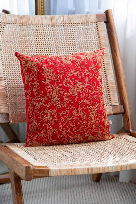 Khaabka Red Cotton Linen Dori, Floral, Jaal Gul And Embroidered Cushion Covers - 2 Pcs at Aza Fashions Khaabka_Red Cotton Linen Dori, Floral, Jaal Gul And Embroidered Cushion Covers - 2 Pcs_at_Aza_Fashions