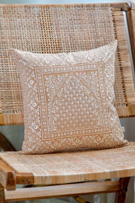 Khaabka_Cream Cotton Linen Thread Mehr Embroidered Cushion Covers - 2 Pcs_Online_at_Aza_Fashions