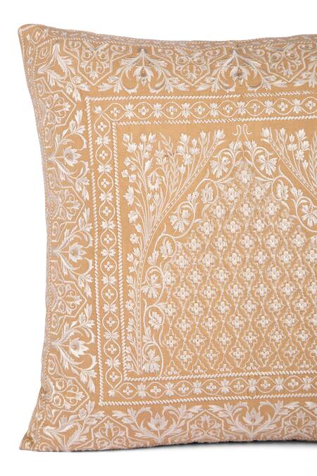 Shop_Khaabka_Cream Cotton Linen Thread Mehr Embroidered Cushion Covers - 2 Pcs_Online_at_Aza_Fashions