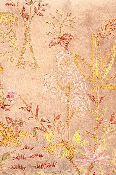 Khaabka_Brown Velvet Bird, Floral, Fauna, Mehr And Embroidered Cushion Covers - 2 Pcs_Online_at_Aza_Fashions