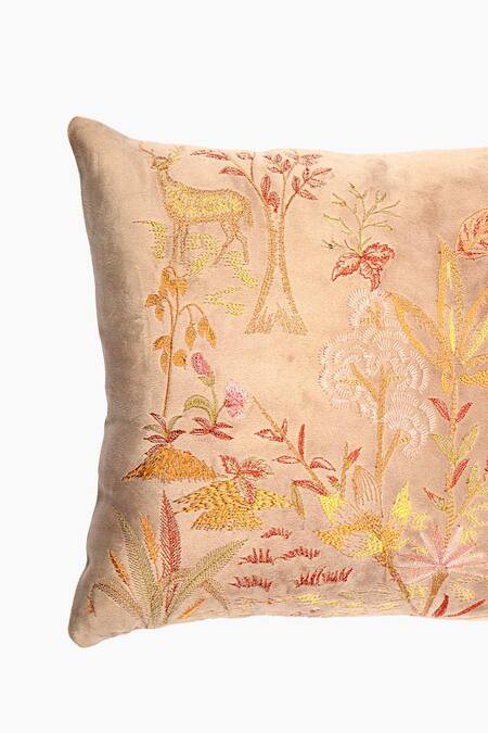 Buy_Khaabka_Brown Velvet Bird, Floral, Fauna, Mehr And Embroidered Cushion Covers - 2 Pcs_Online_at_Aza_Fashions