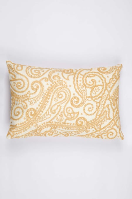 Shop Khaabka Gold Cotton Linen Dori, Paisley Mehr Embroidered Cushion Covers - 2 Pcs at Aza Fashions Shop_Khaabka_Gold Cotton Linen Dori, Paisley Mehr Embroidered Cushion Covers - 2 Pcs_at_Aza_Fashions