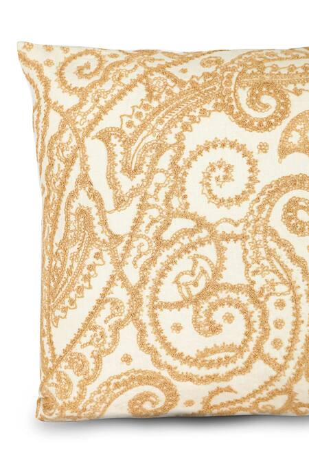 Khaabka Gold Cotton Linen Dori, Paisley Mehr Embroidered Cushion Covers - 2 Pcs Online at Aza Fashions Khaabka_Gold Cotton Linen Dori, Paisley Mehr Embroidered Cushion Covers - 2 Pcs_Online_at_Aza_Fashions