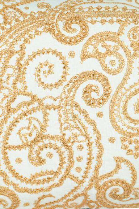 Buy Khaabka Gold Cotton Linen Dori, Paisley Mehr Embroidered Cushion Covers - 2 Pcs Online at Aza Fashions Buy_Khaabka_Gold Cotton Linen Dori, Paisley Mehr Embroidered Cushion Covers - 2 Pcs_Online_at_Aza_Fashions