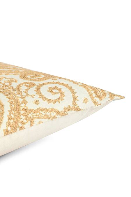 Shop Khaabka Gold Cotton Linen Dori, Paisley Mehr Embroidered Cushion Covers - 2 Pcs Online at Aza Fashions Shop_Khaabka_Gold Cotton Linen Dori, Paisley Mehr Embroidered Cushion Covers - 2 Pcs_Online_at_Aza_Fashions