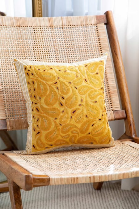 Khaabka Yellow Cotton Linen Paisley Mehr And Dori Embroidered Cushion Covers - 2 Pcs 