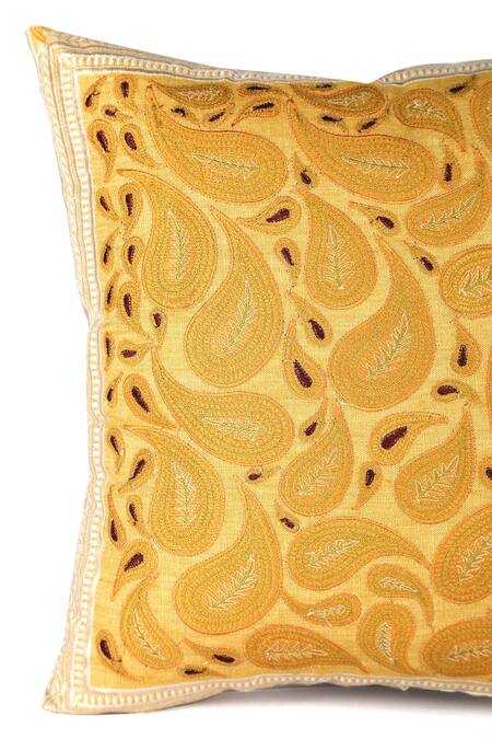 Khaabka_Yellow Cotton Linen Dori, Paisley Mehr And Embroidered Cushion Covers - 2 Pcs_Online_at_Aza_Fashions