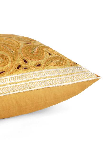 Shop_Khaabka_Yellow Cotton Linen Dori, Paisley Mehr And Embroidered Cushion Covers - 2 Pcs_Online_at_Aza_Fashions