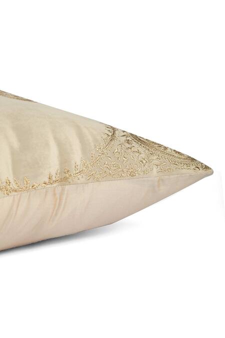 Khaabka_Beige Velvet Abstract, Zari Mehr Embroidered Cushion Covers - 2 Pcs_Online_at_Aza_Fashions