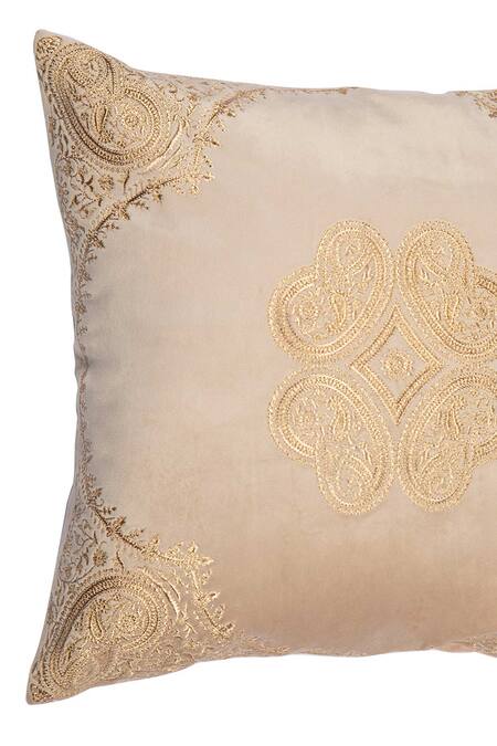 Buy_Khaabka_Beige Velvet Abstract, Zari Mehr Embroidered Cushion Covers - 2 Pcs_Online_at_Aza_Fashions