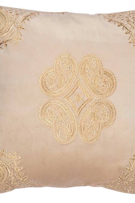 Shop_Khaabka_Beige Velvet Abstract, Zari Mehr Embroidered Cushion Covers - 2 Pcs_Online_at_Aza_Fashions