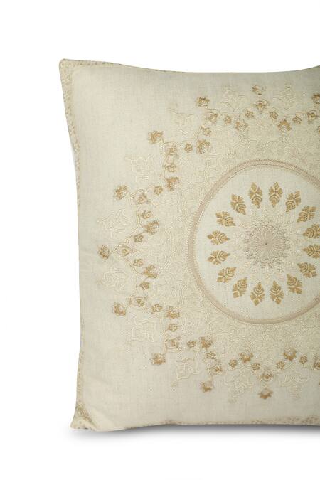 Khaabka_Off White Cotton Linen Mandala Mehr Embroidered Cushion Covers - 2 Pcs_Online_at_Aza_Fashions
