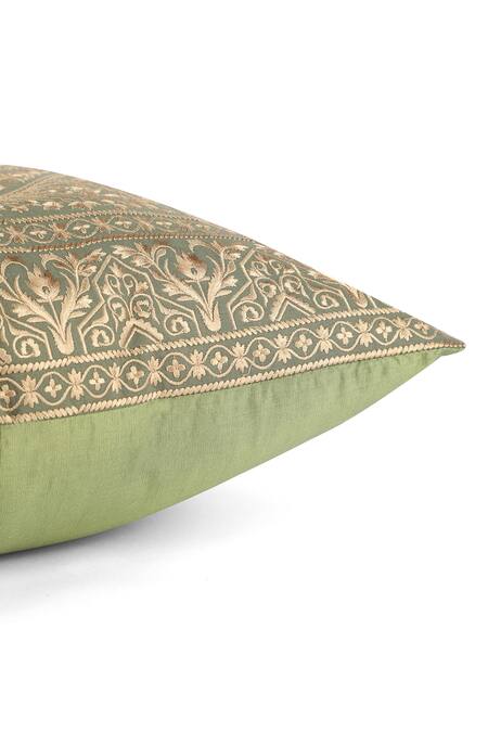 Buy_Khaabka_Green Cotton Linen Thread Shaakh Mehrab Embroidered Cushion Covers - 2 Pcs_Online_at_Aza_Fashions