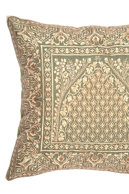 Shop_Khaabka_Green Cotton Linen Thread Shaakh Mehrab Embroidered Cushion Covers - 2 Pcs_Online_at_Aza_Fashions
