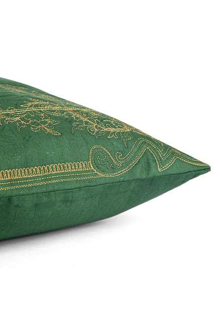Khaabka_Green Chanderi Silk Thread Shaakh Embroidered Cushion Covers - 2 Pcs_Online_at_Aza_Fashions