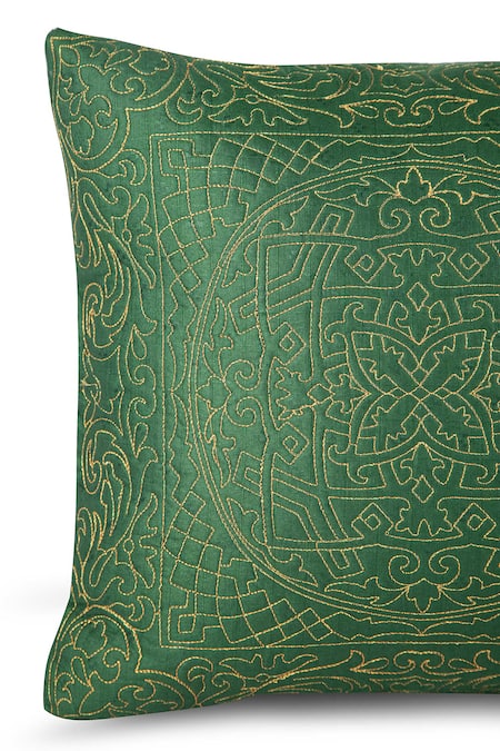 Khaabka_Green Chanderi Silk Geometric, Zari Shaakh Embroidered Cushion Covers - 2 Pcs_Online_at_Aza_Fashions