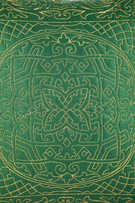 Buy_Khaabka_Green Chanderi Silk Geometric, Zari Shaakh Embroidered Cushion Covers - 2 Pcs_Online_at_Aza_Fashions