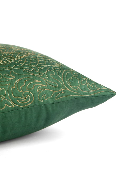 Shop_Khaabka_Green Chanderi Silk Geometric, Zari Shaakh Embroidered Cushion Covers - 2 Pcs_Online_at_Aza_Fashions