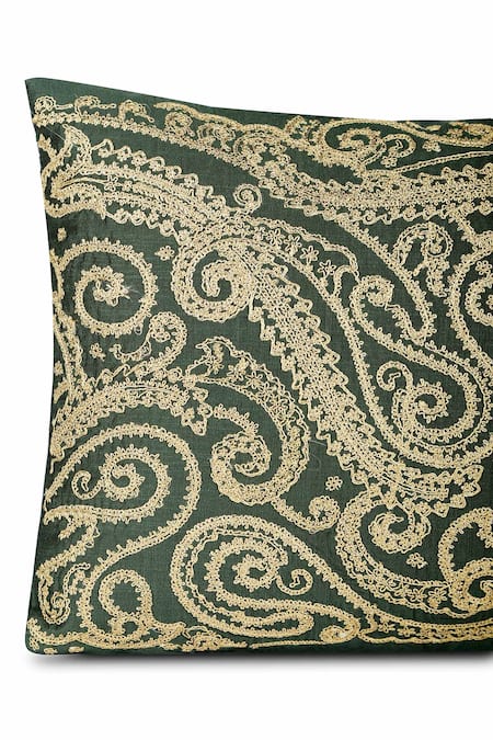 Khaabka_Green Cotton Linen Dori, Zari Shaakh And Embroidered Cushion Covers - 2 Pcs_Online_at_Aza_Fashions