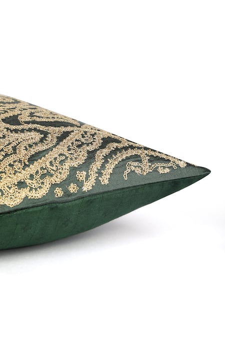 Shop_Khaabka_Green Cotton Linen Dori, Zari Shaakh And Embroidered Cushion Covers - 2 Pcs_Online_at_Aza_Fashions