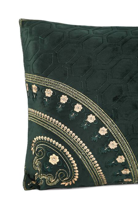 Khaabka_Green Velvet Geometric Shaakh Embroidered Cushion Covers - 2 Pcs_Online_at_Aza_Fashions