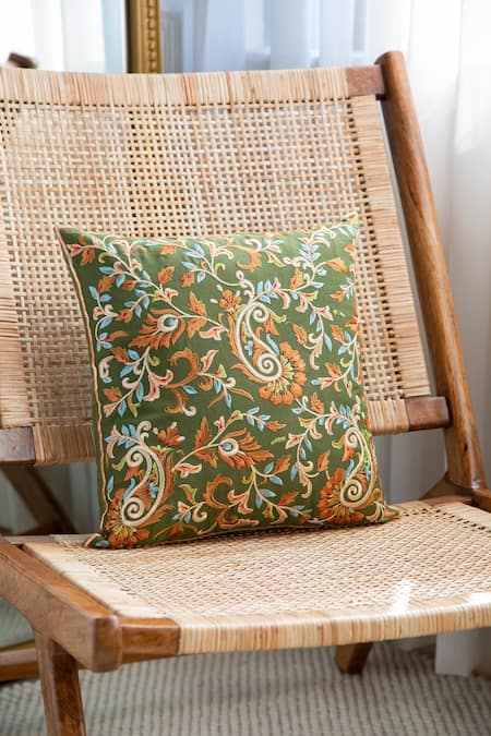 Khaabka Green Chanderi Silk Paisley Shaakh Embroidered Cushion Covers - 2 Pcs 