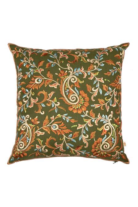 Shop Khaabka Green Chanderi Silk Paisley Shaakh Embroidered Cushion Covers - 2 Pcs at Aza Fashions Shop_Khaabka_Green Chanderi Silk Paisley Shaakh Embroidered Cushion Covers - 2 Pcs_at_Aza_Fashions