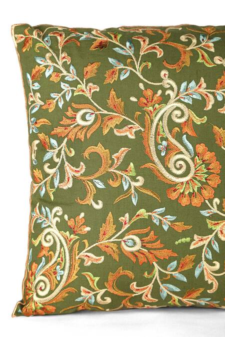 Khaabka Green Chanderi Silk Paisley Shaakh Embroidered Cushion Covers - 2 Pcs Online at Aza Fashions Khaabka_Green Chanderi Silk Paisley Shaakh Embroidered Cushion Covers - 2 Pcs_Online_at_Aza_Fashions