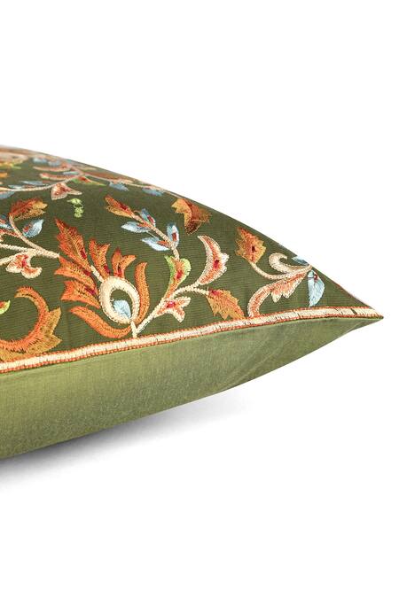 Shop Khaabka Green Chanderi Silk Paisley Shaakh Embroidered Cushion Covers - 2 Pcs Online at Aza Fashions Shop_Khaabka_Green Chanderi Silk Paisley Shaakh Embroidered Cushion Covers - 2 Pcs_Online_at_Aza_Fashions