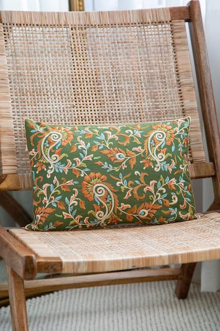 Khaabka Green Chanderi Silk Traditional Paisley Cushion On Shaakh Work Covers - 2 Pcs