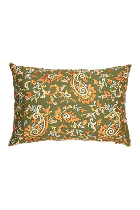 Shop Khaabka Green Chanderi Silk Traditional Paisley Cushion On Shaakh Work Covers - 2 Pcs at Aza Fashions Shop_Khaabka_Green Chanderi Silk Traditional Paisley Cushion On Shaakh Work Covers - 2 Pcs_at_Aza_Fashions