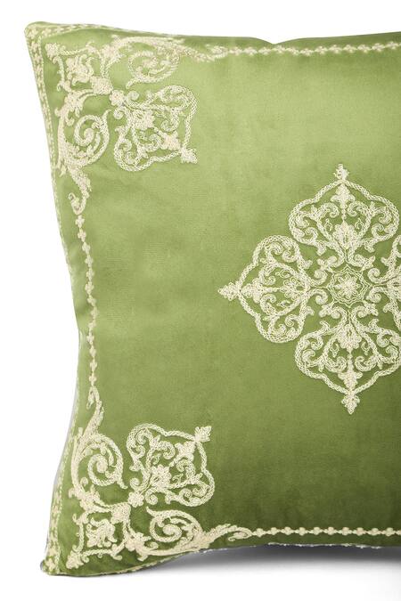 Khaabka_Green Velvet Floral Shaakh Embroidered Cushion Covers - 2 Pcs_Online_at_Aza_Fashions