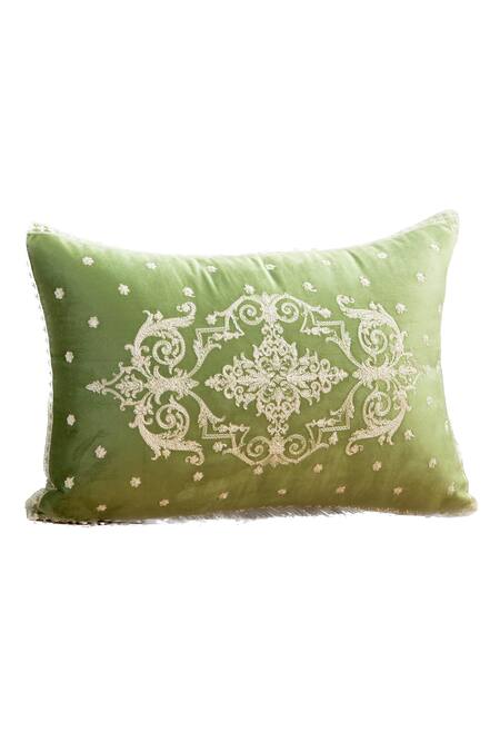 Shop Khaabka Green Velvet Floral Shaakh Work Cushion Covers - 2 Pcs at Aza Fashions Shop_Khaabka_Green Velvet Floral Shaakh Work Cushion Covers - 2 Pcs_at_Aza_Fashions