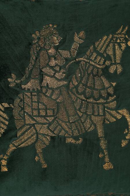 Buy_Khaabka_Green Velvet Zari Shaakh Work Cushion Covers - 2 Pcs_Online_at_Aza_Fashions